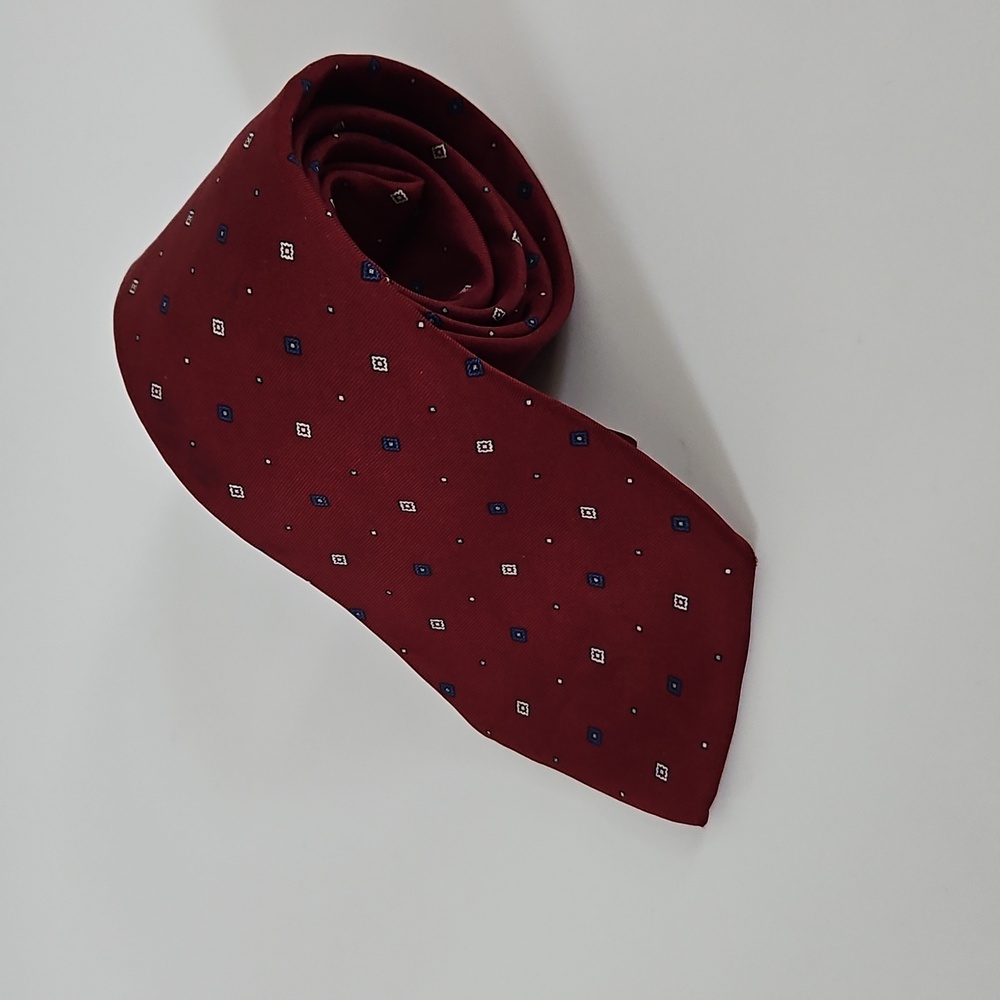 CHRISTIAN DIOR Burgundy Blue White Print Silk Neck Tie